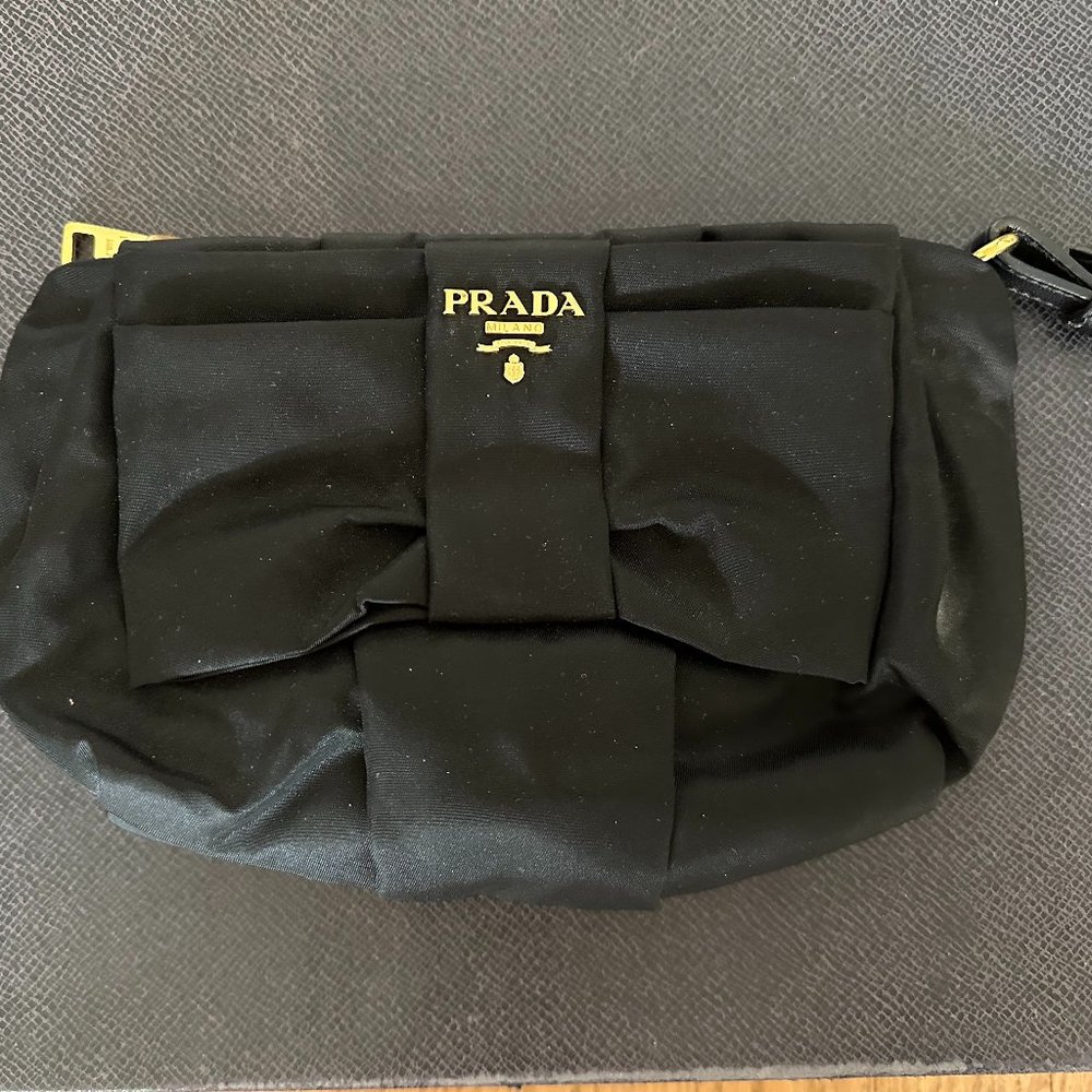 PRADA Tessuto Nylon Bow Wristlet Pouch Clutch Bag Black Auth Brand New with Box